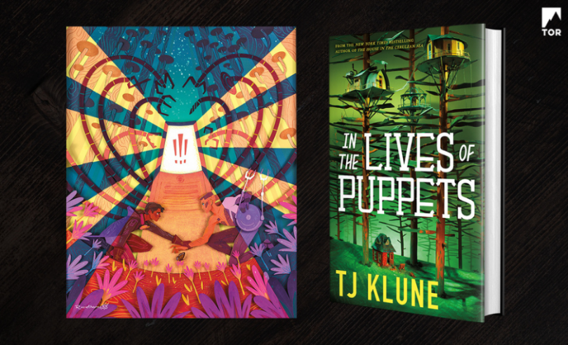 Art print next to In the Lives of Puppets by TJ Klune. The art print is a pleasingly kaleidoscopic blend of warm and cool colors