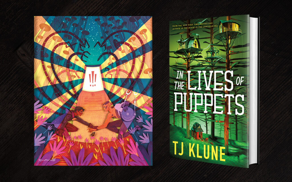 Art print next to In the Lives of Puppets by TJ Klune. The art print is a pleasingly kaleidoscopic blend of warm and cool colors