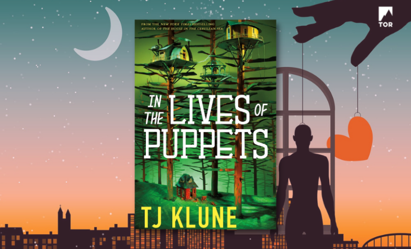 In the Lives of Puppets by TJ Klune in front of a sunset city with a puppet hand holding a shilouette on strings