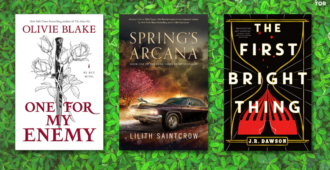 One for My Enemy by Olivie Blake / Spring's Arcana by Lilith Saintcrow / The First Bright Thing by J.R. Dawson - all in front of some green plants