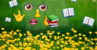 happy little spring background flowers with anxiiety-inducing emoji behemoth holding emoji books. open book emojis float around its ethereal form