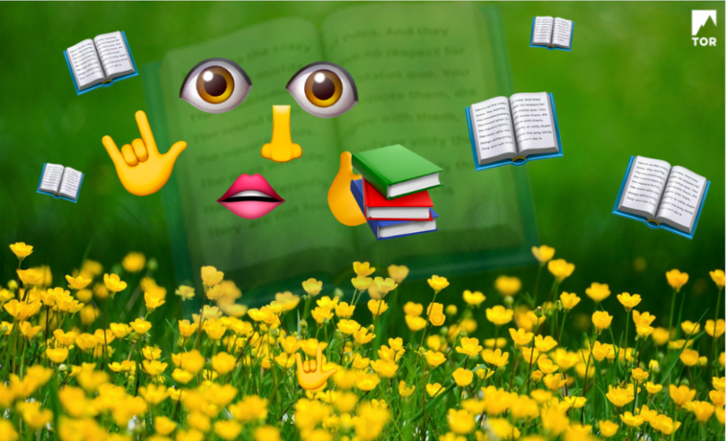 happy little spring background flowers with anxiiety-inducing emoji behemoth holding emoji books. open book emojis float around its ethereal form