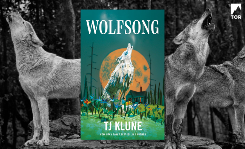 Wolfsong by TJ Klune in front of grayscale howling grey wolves