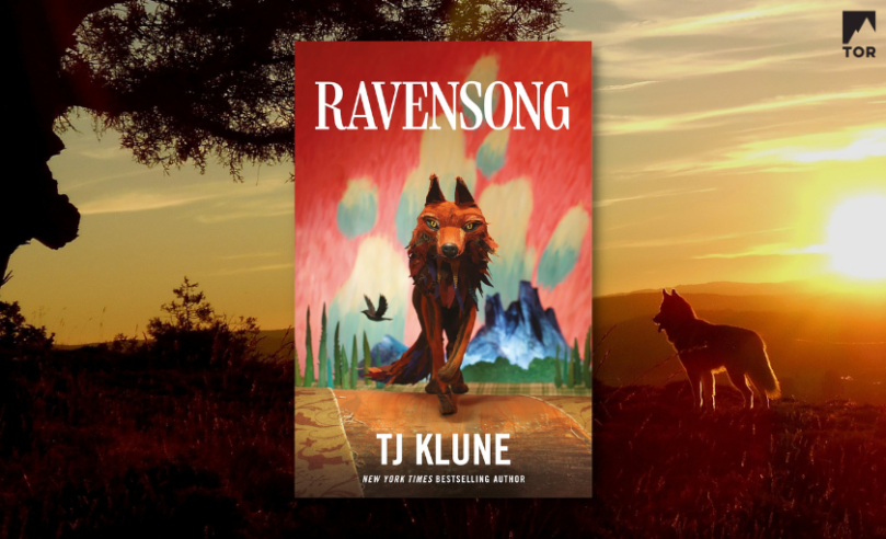 Ravensong by TJ Klune in front of a distant wolf standing in the shadow of the sun