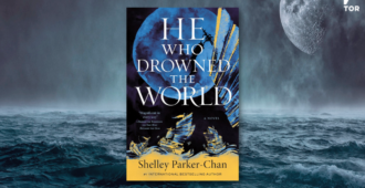 He Who Drowned the World by Shelley Parker-Chan laid over a stormy sea with big mooon