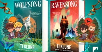 wolfsong and ravensong by tj klune behind cute keychains featuring characters from both books