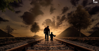 shadow of parent and child walking into the sunset along abandoned train tracks
