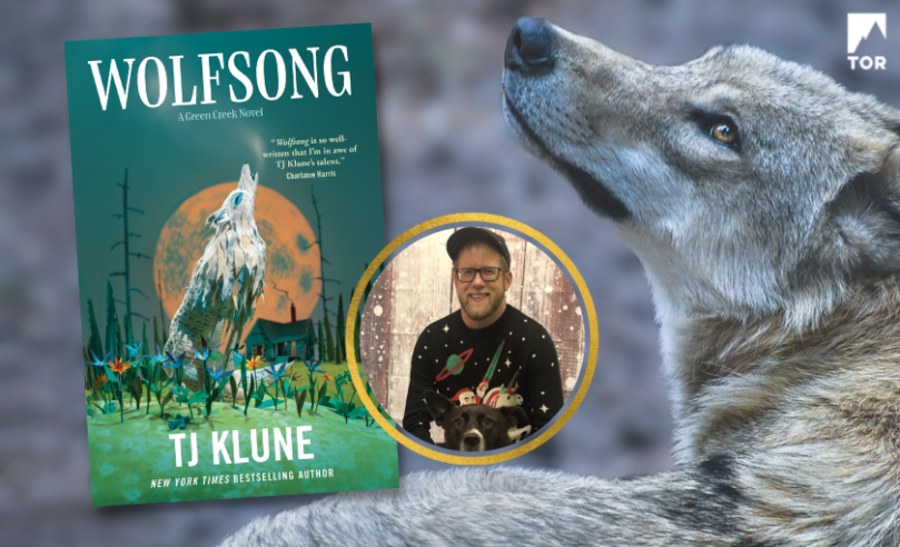 wolfsong by tj klune next to tj klune next to a wolf looking over its shoulder adorably