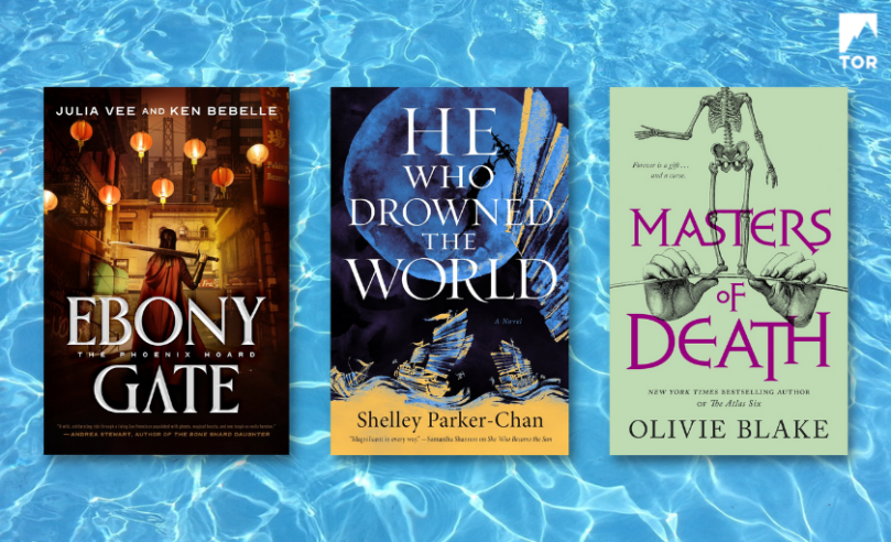 ebony gate by julia vee & ken bebelle, he who drowned the world by shelley parker-chan, and masters of death by olivie blake