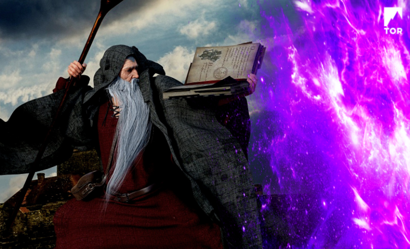 a mage epicly brandishes staff and beard in the face of ominous amethyst flame