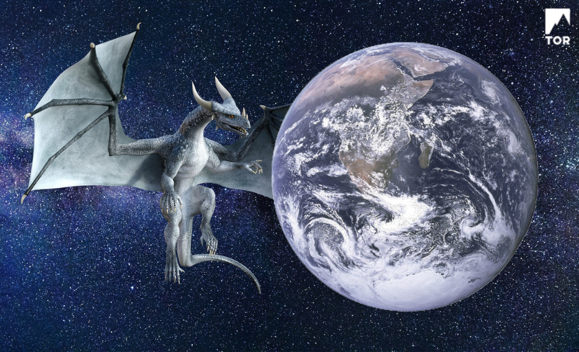 a dragon the size of the world approaches the world in space