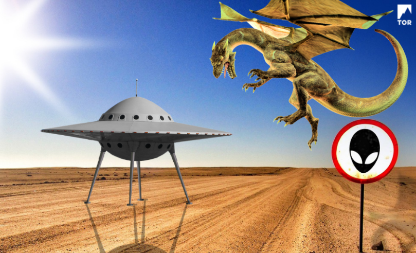 area 51, the desert, during the day. a sign warns of aliens and a flying dragon menaces a landed spacecraft