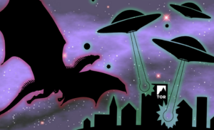 aliens and a dragon fighting shadowed over a purple sky