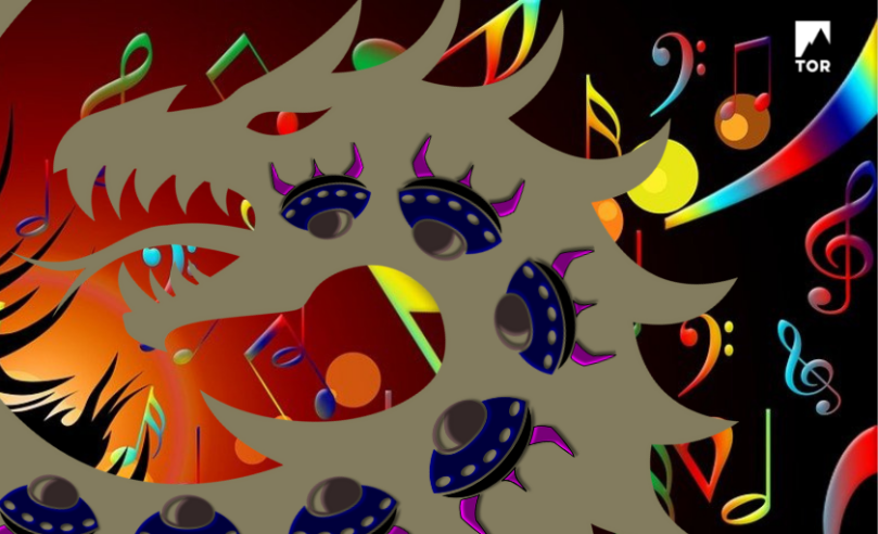 a dragon shadow curling in front of a bunch of rainbow music notes with little alien spaceships inside the shadow