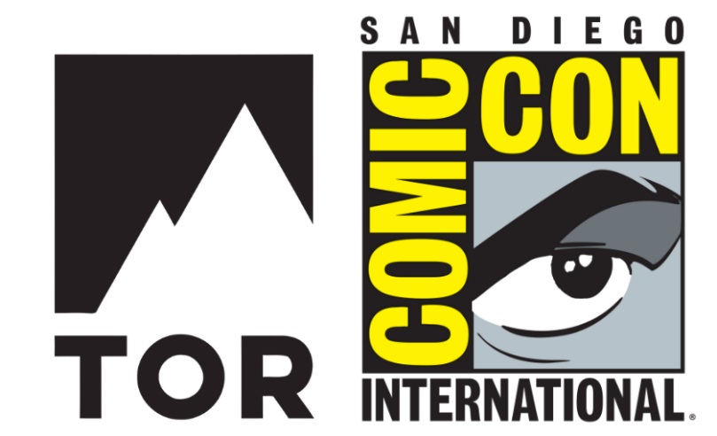 left: tor books logo right: sdcc logo