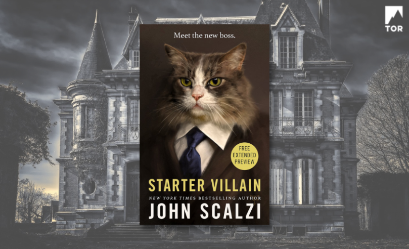 starter villain by john scalzi in front of grayscale scary mansion