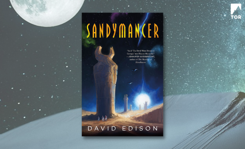 sandymancer by david edison superimposed over a desert at night with bright moon