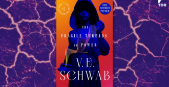 the fragile threads of power by v.e. schwab in front of a saturated blue lava crack background