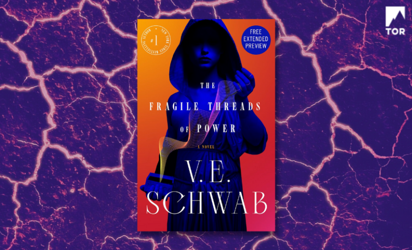 the fragile threads of power by v.e. schwab in front of a saturated blue lava crack background
