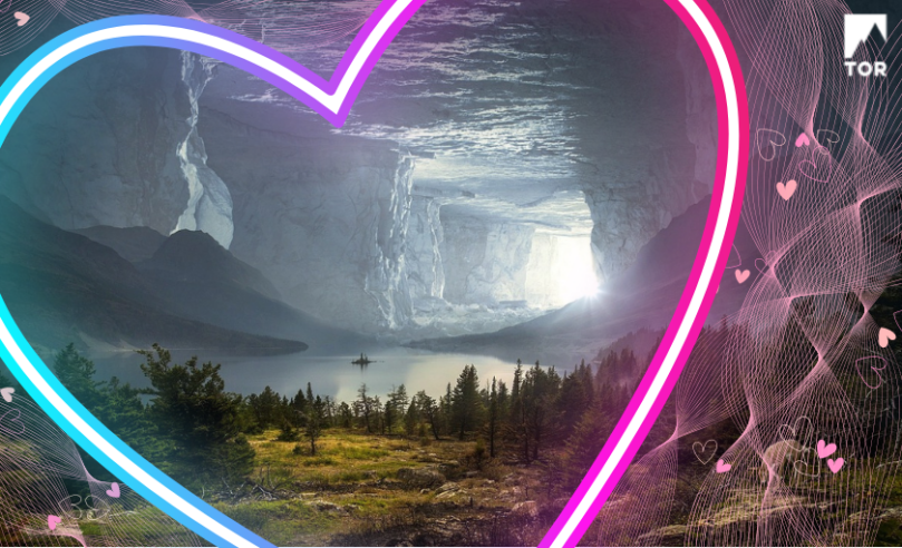 a neon heart with fantasy landscape that's a bright and forested cave with pink wave line designs outside