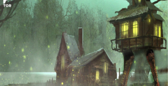 two wooden houses in a mystical forest. one of them is on giant chicken legs