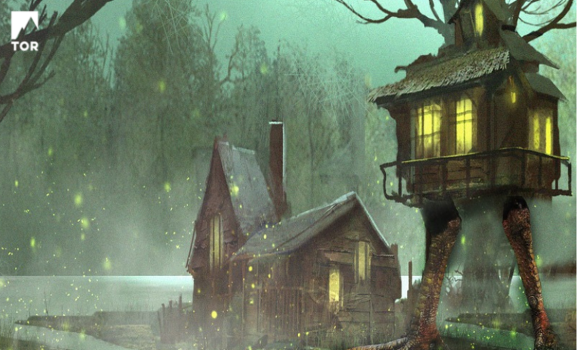 two wooden houses in a mystical forest. one of them is on giant chicken legs