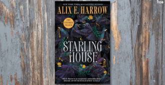 starling house by alix e. harrow in front of blue-gray peeling wood