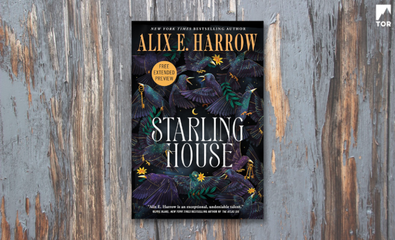 starling house by alix e. harrow in front of blue-gray peeling wood
