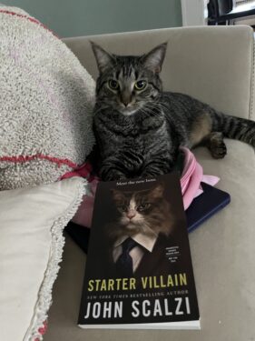 a cat sitting regally behind a copy of starter villain by john scalzi