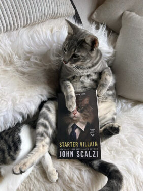 this cat is literally posing with starter villain by john scalzi like a model, with paws positioned just so