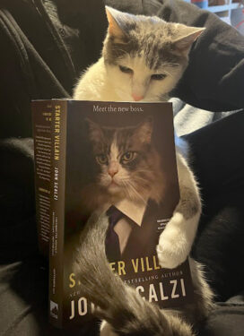 cat posing with starter villain by john scalzi. staggering that a cat has casually opened a book and maintained this pose. a true criminal