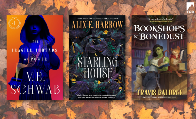 the fragile threads of power by v.e. schwab / starling house by alix e. harrow / bookshops & bonedust by travis baldree - in front of a bed of fallen warm tone leaves