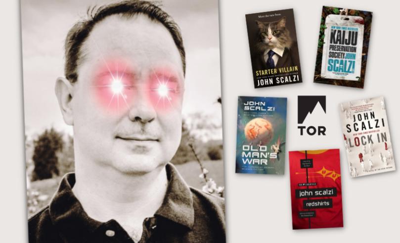 john scalzi with glowing laser eyes next to a medly of his titles, including starter villain, the kaiju preservation society, redshirts, lock in, and old man's war