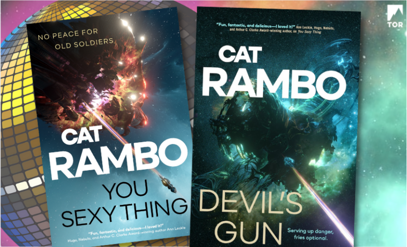 you sexy thing and devil's gun by cat rambo in front of a warm tone disco ball and cool tone space
