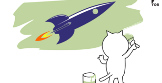a cartoon cat painting a rocketship with blazing engine
