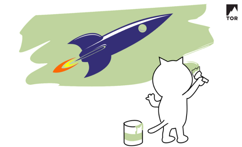 a cartoon cat painting a rocketship with blazing engine