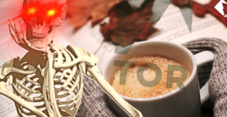 a skeleton with blaring laser eyes in front of a cozy mug of something autumnal with a tor logo faded and overlaid