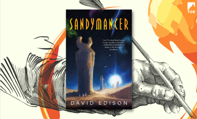 a vector image of a hand holding a writing quill with a graphic of some swirling flame and sandymancer by david edison