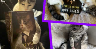 three cats reading starter villain by john scalzi