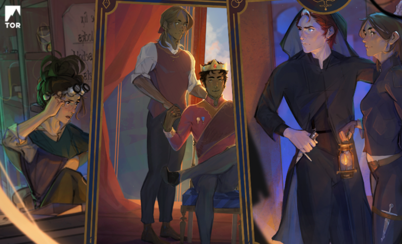 art of the fragile threads of power from lasq.draws featuring tes, rhy and alucard, and kell and lila