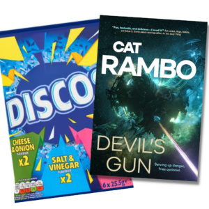 devil's gun by cat rambo next to a suspicious bad of 'Disco's' candy