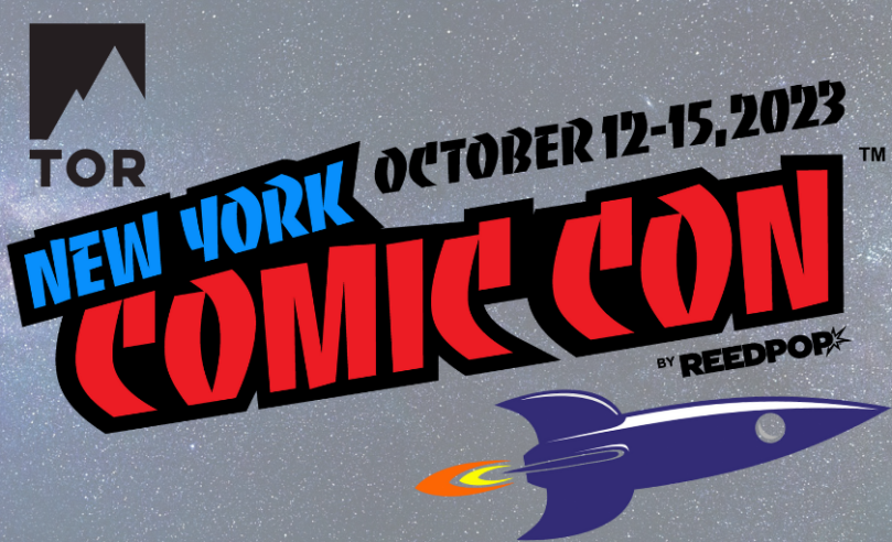 tor books logo / new york comic con logo / "october 12-15, 2023" / clip art rocket ship