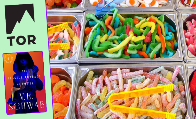 a bunch of colorful candy in metal bins plus the fragile threads of power by v.e. schwab