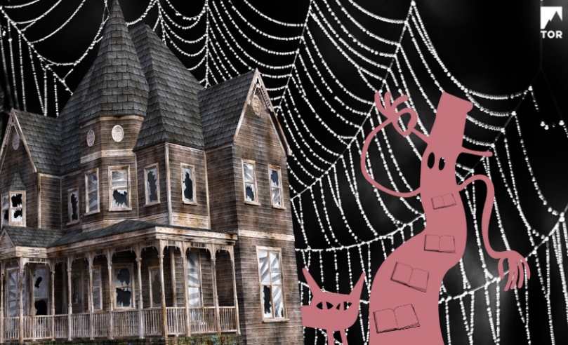on the left a scary house, on the right a maroon pinkish shadow with squiggly arms. in the background a spiderweb