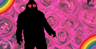 the shadow of bigfoot with heart eyes laid over a pink rose background with little rainbows in the corners