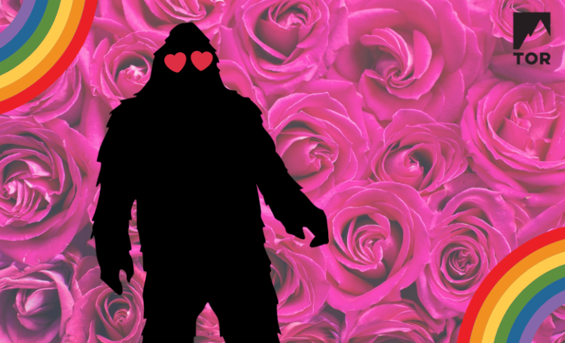 the shadow of bigfoot with heart eyes laid over a pink rose background with little rainbows in the corners