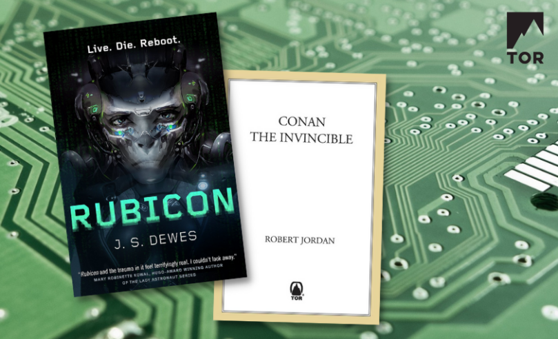 rubicon by j. s. dewes by conan the invincible by robert jordan in front of a green silicon wafer etched computer chip close up
