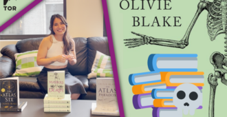 olivie blake sitting with copies of the atlas six, the atlas paradox, and masters of death in the tor office (left). the right half of a skeleton waving an arm under text reading olivie blake and above a stack of book emojis and one skull emoji