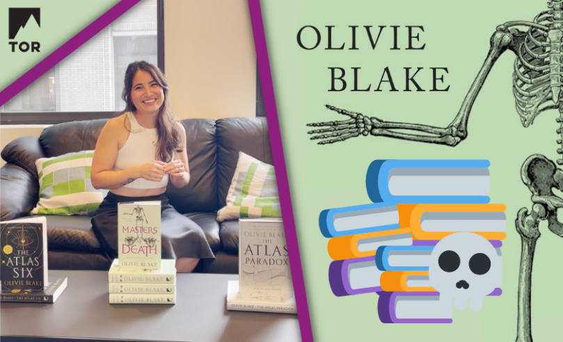 olivie blake sitting with copies of the atlas six, the atlas paradox, and masters of death in the tor office (left). the right half of a skeleton waving an arm under text reading olivie blake and above a stack of book emojis and one skull emoji