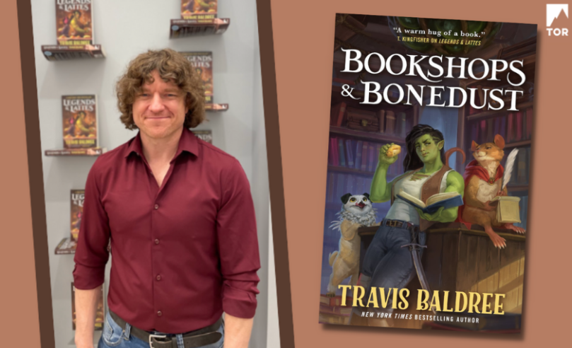 bookshops & bonedust by travis baldree next to travis baldree himself from a visit to the tor offices